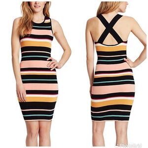 ELLA MOSS Striped‎ Bodycon Tank Dress Ribbed Sleeveless Black Pink Small New